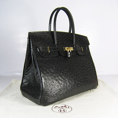 High Quality Fake Hermes Birkin 35CM Ostrich Veins Handbag Black 6089